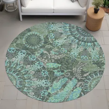 8' Olive Green Blue And Gray Round Paisley Washable Indoor Outdoor Area Rug
