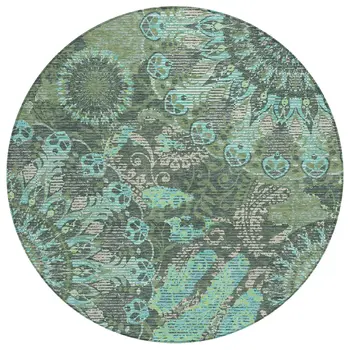 8' Olive Green Blue And Gray Round Paisley Washable Indoor Outdoor Area Rug