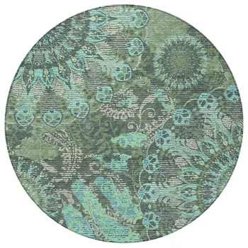8' Olive Green Blue And Gray Round Paisley Washable Indoor Outdoor Area Rug