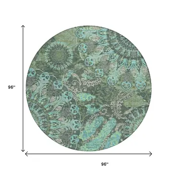 8' Olive Green Blue And Gray Round Paisley Washable Indoor Outdoor Area Rug