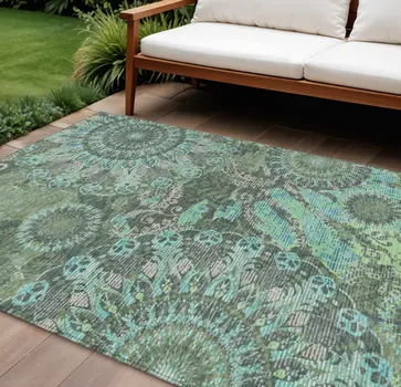 8' X 10' Olive Green Blue And Gray Paisley Washable Indoor Outdoor Area Rug