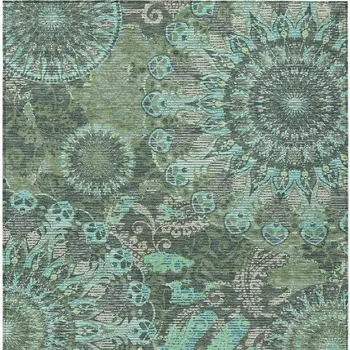 10' X 14' Olive Green Blue And Gray Paisley Washable Indoor Outdoor Area Rug