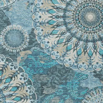 5' X 8' Teal Blue Khaki And Ivory Paisley Washable Indoor Outdoor Area Rug