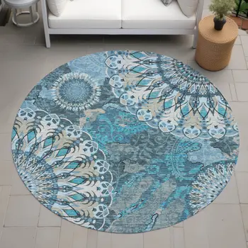 8' Teal Blue Khaki And Ivory Round Paisley Washable Indoor Outdoor Area Rug