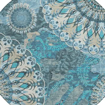 8' Teal Blue Khaki And Ivory Round Paisley Washable Indoor Outdoor Area Rug