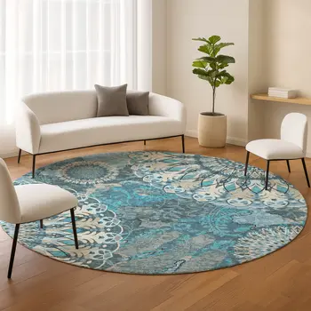 8' Teal Blue Khaki And Ivory Round Paisley Washable Indoor Outdoor Area Rug