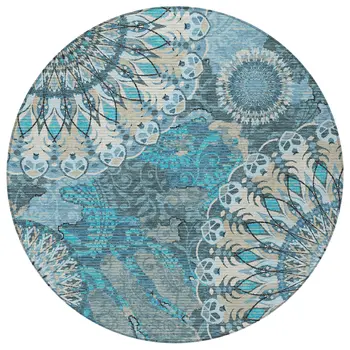 8' Teal Blue Khaki And Ivory Round Paisley Washable Indoor Outdoor Area Rug
