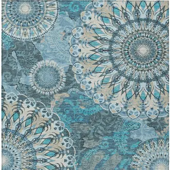 8' X 10' Teal Blue Khaki And Ivory Paisley Washable Indoor Outdoor Area Rug
