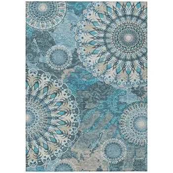 8' X 10' Teal Blue Khaki And Ivory Paisley Washable Indoor Outdoor Area Rug