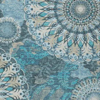 8' X 10' Teal Blue Khaki And Ivory Paisley Washable Indoor Outdoor Area Rug