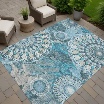 9' X 12' Teal Blue Khaki And Ivory Paisley Washable Indoor Outdoor Area Rug
