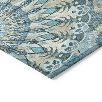 9' X 12' Teal Blue Khaki And Ivory Paisley Washable Indoor Outdoor Area Rug