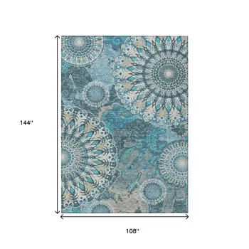 9' X 12' Teal Blue Khaki And Ivory Paisley Washable Indoor Outdoor Area Rug