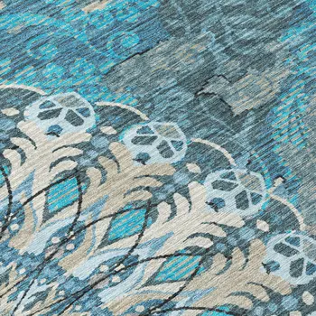 9' X 12' Teal Blue Khaki And Ivory Paisley Washable Indoor Outdoor Area Rug