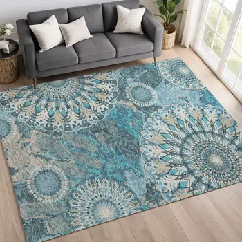 9' X 12' Teal Blue Khaki And Ivory Paisley Washable Indoor Outdoor Area Rug