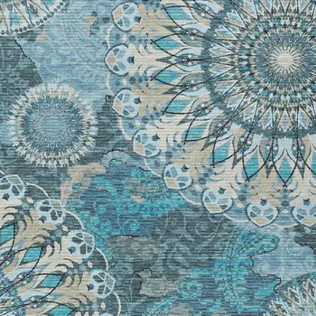 10' X 14' Teal Blue Khaki And Ivory Paisley Washable Indoor Outdoor Area Rug