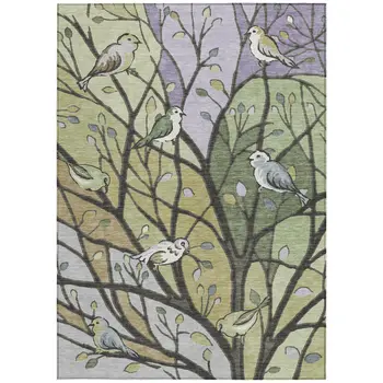 5' X 8' Artichoke Green Wheat And Lavender Botanical Leaves Washable Indoor Outdoor Area Rug