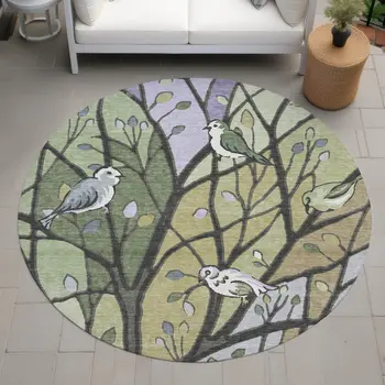 8' Artichoke Green Wheat And Lavender Round Botanical Leaves Washable Indoor Outdoor Area Rug