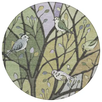 8' Artichoke Green Wheat And Lavender Round Botanical Leaves Washable Indoor Outdoor Area Rug