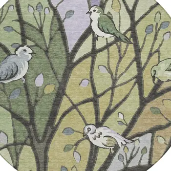 8' Artichoke Green Wheat And Lavender Round Botanical Leaves Washable Indoor Outdoor Area Rug