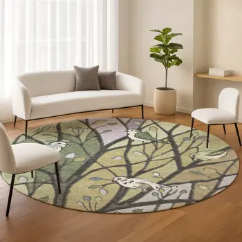 8' Artichoke Green Wheat And Lavender Round Botanical Leaves Washable Indoor Outdoor Area Rug