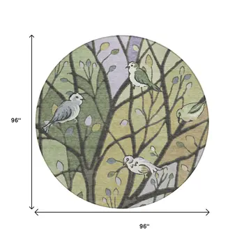8' Artichoke Green Wheat And Lavender Round Botanical Leaves Washable Indoor Outdoor Area Rug