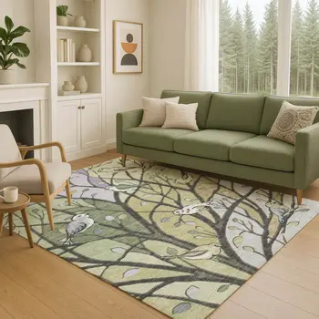 8' X 10' Artichoke Green Wheat And Lavender Botanical Leaves Washable Indoor Outdoor Area Rug