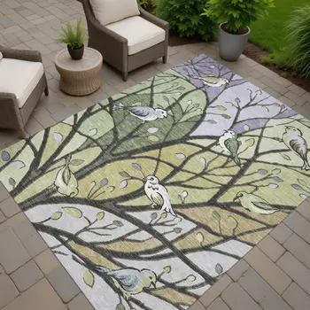 9' X 12' Artichoke Green Wheat And Lavender Botanical Leaves Washable Indoor Outdoor Area Rug