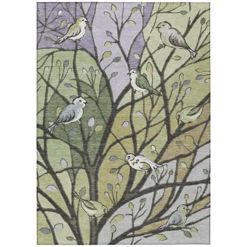9' X 12' Artichoke Green Wheat And Lavender Botanical Leaves Washable Indoor Outdoor Area Rug