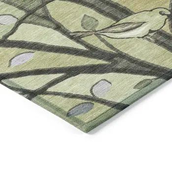 9' X 12' Artichoke Green Wheat And Lavender Botanical Leaves Washable Indoor Outdoor Area Rug