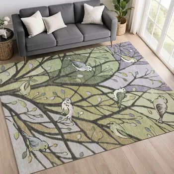 9' X 12' Artichoke Green Wheat And Lavender Botanical Leaves Washable Indoor Outdoor Area Rug