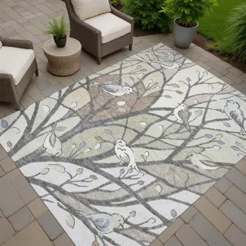 5' X 8' Beige Sage And Khaki Botanical Leaves Washable Indoor Outdoor Area Rug