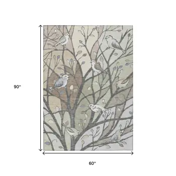 5' X 8' Beige Sage And Khaki Botanical Leaves Washable Indoor Outdoor Area Rug