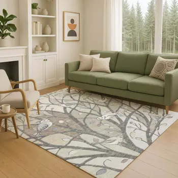 5' X 8' Beige Sage And Khaki Botanical Leaves Washable Indoor Outdoor Area Rug