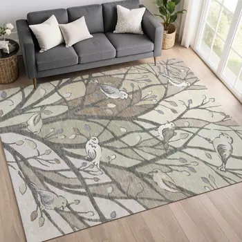 5' X 8' Beige Sage And Khaki Botanical Leaves Washable Indoor Outdoor Area Rug