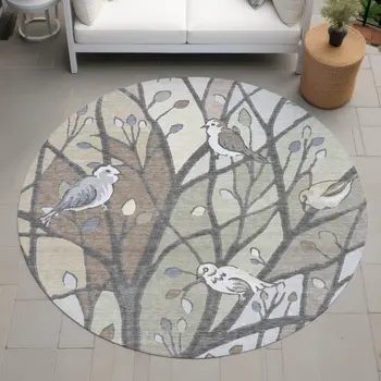 8' Beige Sage And Khaki Round Botanical Leaves Washable Indoor Outdoor Area Rug