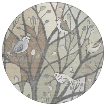 8' Beige Sage And Khaki Round Botanical Leaves Washable Indoor Outdoor Area Rug