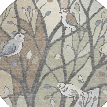 8' Beige Sage And Khaki Round Botanical Leaves Washable Indoor Outdoor Area Rug