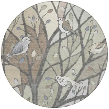 8' Beige Sage And Khaki Round Botanical Leaves Washable Indoor Outdoor Area Rug