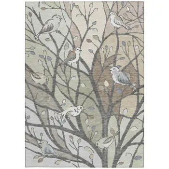 9' X 12' Beige Sage And Khaki Botanical Leaves Washable Indoor Outdoor Area Rug