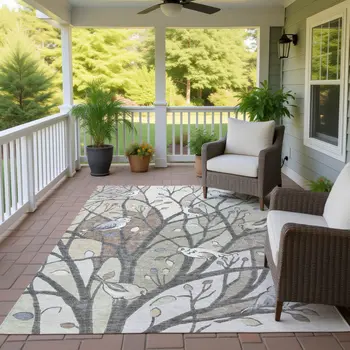 9' X 12' Beige Sage And Khaki Botanical Leaves Washable Indoor Outdoor Area Rug