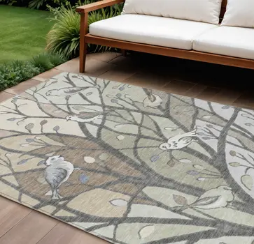 10' X 14' Beige Sage And Khaki Botanical Leaves Washable Indoor Outdoor Area Rug