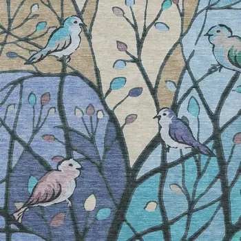 3' X 5' Blue Beige And Khaki Botanical Leaves Washable Indoor Outdoor Area Rug