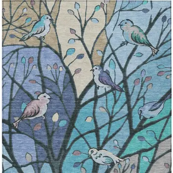 3' X 5' Blue Beige And Khaki Botanical Leaves Washable Indoor Outdoor Area Rug