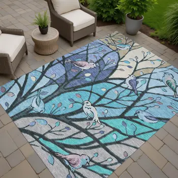 3' X 5' Blue Beige And Khaki Botanical Leaves Washable Indoor Outdoor Area Rug