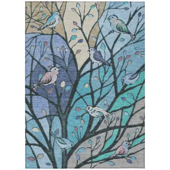 3' X 5' Blue Beige And Khaki Botanical Leaves Washable Indoor Outdoor Area Rug
