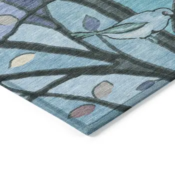 3' X 5' Blue Beige And Khaki Botanical Leaves Washable Indoor Outdoor Area Rug