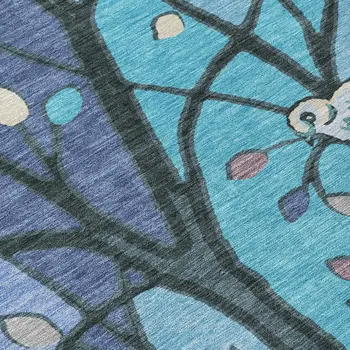 3' X 5' Blue Beige And Khaki Botanical Leaves Washable Indoor Outdoor Area Rug