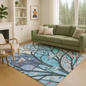 3' X 5' Blue Beige And Khaki Botanical Leaves Washable Indoor Outdoor Area Rug