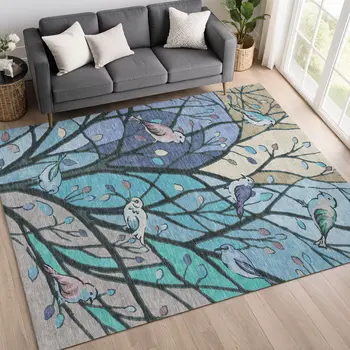 3' X 5' Blue Beige And Khaki Botanical Leaves Washable Indoor Outdoor Area Rug